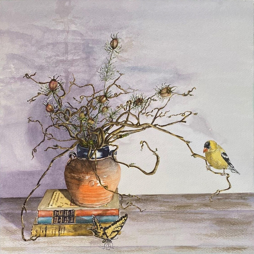HONORABLE MENTION: Nigella's Seeds 1, Watercolor by Susan Wyatt, 15in x 15in, $325 (Dec. 2020 - Jan. 2021)