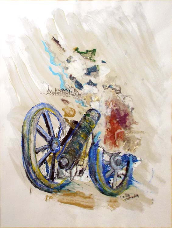 HONORABLE MENTION: Fredericksburg Icon, Cannon with Train, Mixed Media by Cathy Herndon  (February 2015)