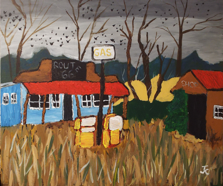 HONORABLE MENTION: Abandoned Gas Station, Acrylic by James Clark  (October 2015)