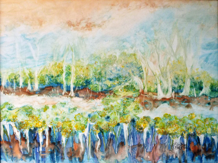 HONORABLE MENTION: Water to Roots to Nature's Design, Watercolor on YUPO by Rita Rose and Rae Rose  (April 2015)