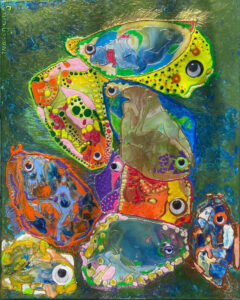 Conference of Fish, Melted Crayons and Acrylics by Sara Gondwe, 20in x 16in, $325 (March 2021)
