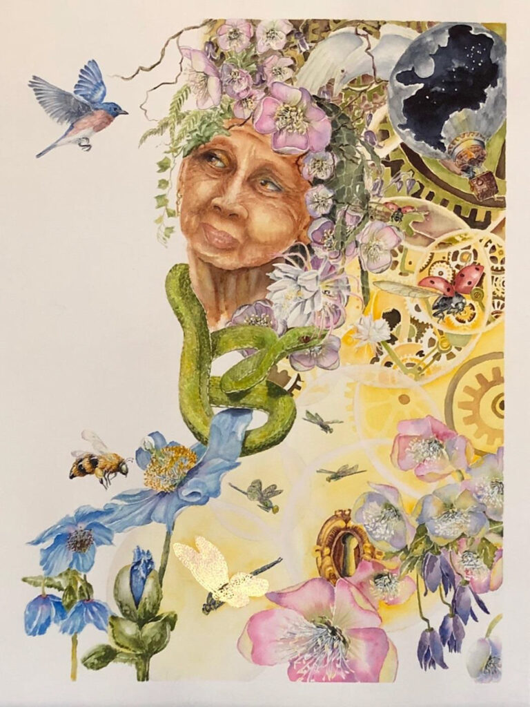 HONORABLE MENTION: Crone II, Watercolor, Pen & ink, Gold by Susan Wyatt, 24in x 18in, $425 (March 2021)