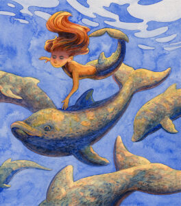 Dolphins and Mermaid, Watercolor by Marianna Smith, 12.5in x 11in, $520 (March 2021)