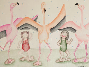 Tap Dancing Flamingos, Colored Pencils by Beka Wueste, 18in x 24in, NFS (March 2021)