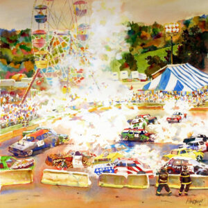 Fire at the Demolition Derby, Watercolor by Kit Paulsen, 20in x 20in, $650 (April 2021)