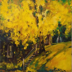 Ginko at Toll House, Oil by Marcia Chaves, 10in x 10in, $155 (April 2021)