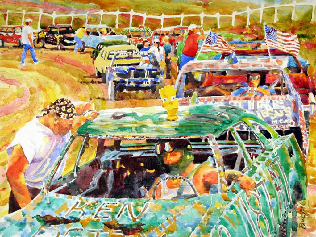 SECOND PLACE: Lining Up for the Demolition Derby, Watercolor by Kit Paulsen, 15in x 20in, $650 (April 2021)