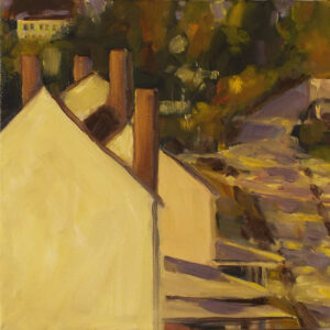 HONORABLE MENTION: Falmouth Bottom-from my window, Oil by Marcia Chaves, 10in x 10in, $165 (May 2021)