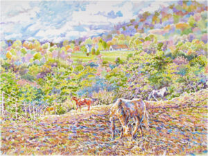 Five Horses, Watercolor by Kit Paulsen, 18in x 24in, $650 (May 2021)