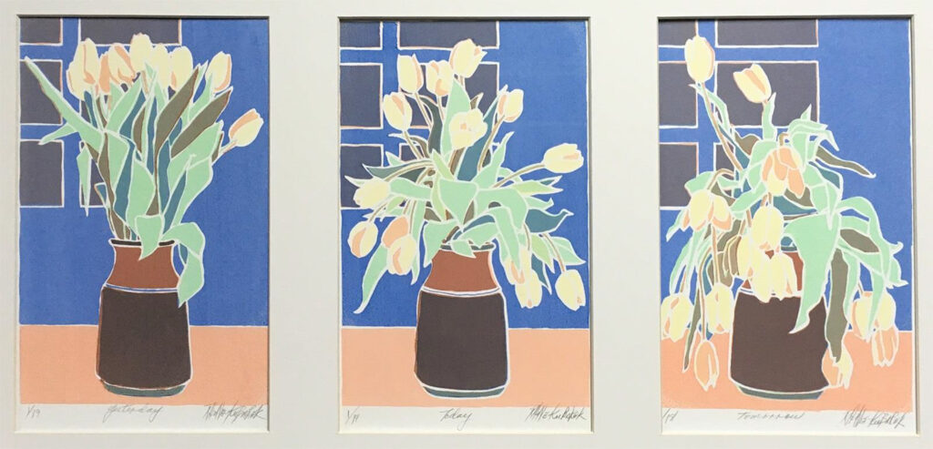 FIRST PLACE: Tulips (Yesterday, Today, Tomorrow), Screen Print by Sally Rhone-Kubarek, 14in x 24in, $250 (June 2021)