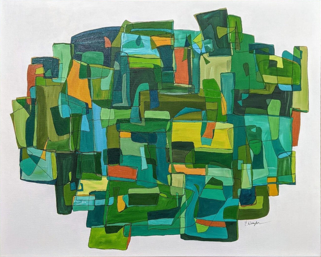 HONORABLE MENTION: Verdant, Acrylic on Canvas by Ellyn Wenzler, 24in x 30in, $590 (June 2021)