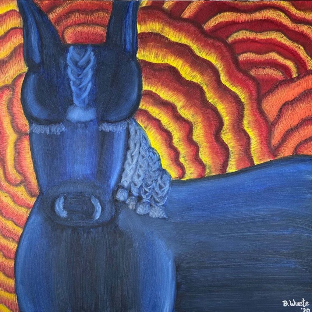 HONORABLE MENTION: Mare-y-gold: Ode to an Aztec Horse, Oil on Canvas by Beka Wueste, 24in x 24in, $1500 (July 2021)