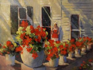 Ms. Julie's Geraniums, Oil by Marcia Chaves, 18in x 24in, $375 (July 2021)