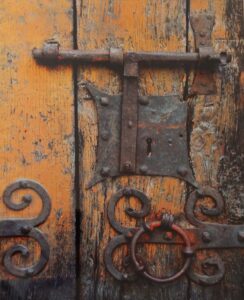 Ancient Iron Locks, Eglise Ville France, Metallic Photograph by Deborah Herndon, 13.5in c 11in, $180 (August 2021)