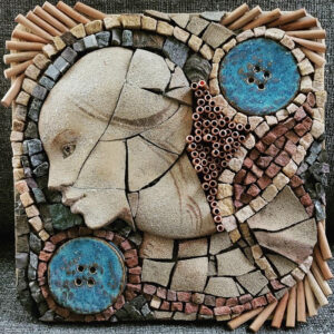 Facial Study, Mosaic-Stone, Wood, Ceramic by Tresa Lohr, 10in x 10in, NFS (August 2021)