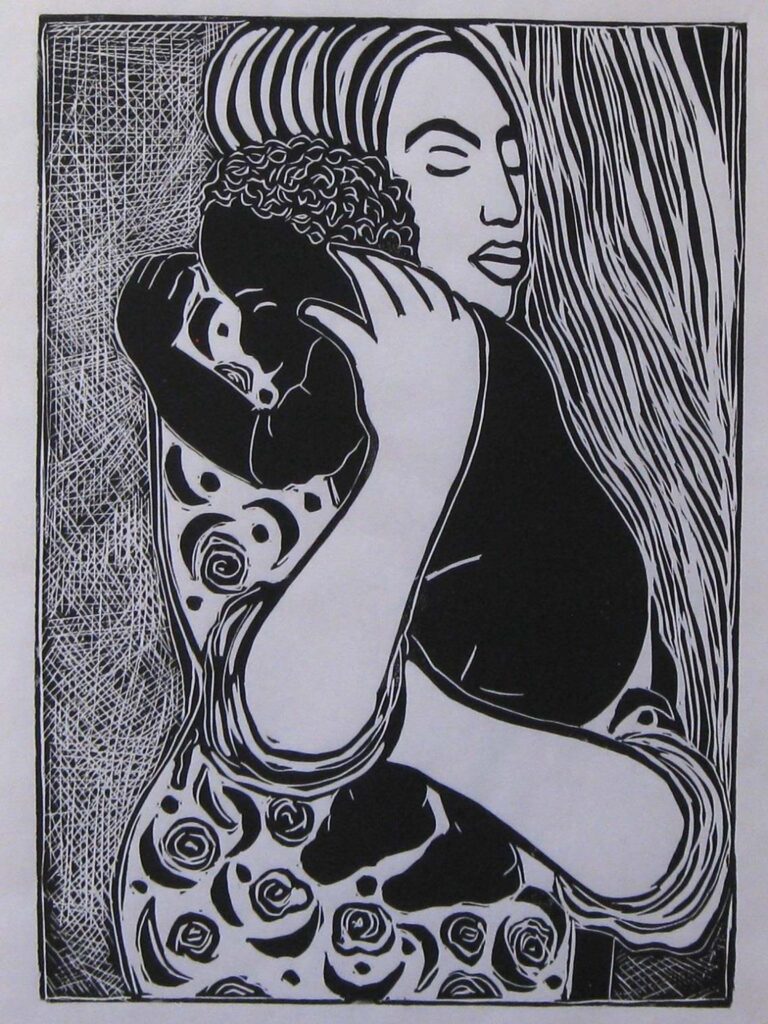 FIRST PLACE: Little Rascal Gets a Hug, Lino Cut by Linda Rose Larochelle, 24in x 18in, $398 (September 2021)