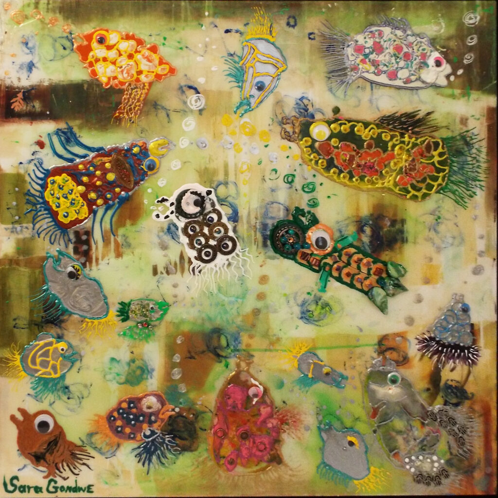 HONORABLE MENTION: Leaps of Joy, Melted Crayons and Acrylics by Sara Gondwe, 26in x 26in, $400 (November 2021)