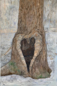Heart Tree in Winter, Oil on Canvas by Mary Lou Cramer, 36in x 24in, $350 (Dec. 2021- Jan. 2022)