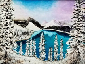 Moraine Lake in Winter, Acrylics by Jan Cariker, 12in x 16in, $250 (Dec. 2021- Jan. 2022)
