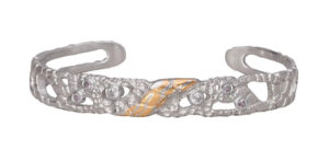 Nebula Cuff Bracelet, Streling Silver, 24K gold, Lab Created Gems by Beth Lagerberg, .5 in x 2.5in x 2in, $550 (Dec. 2021- Jan. 2022)