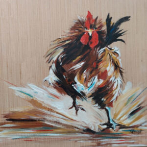 Scared Chicken, Mixed Media by Susan Parrish, 12in x 12in, $45 (Dec. 2021- Jan. 2022)