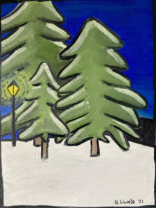 Snowy Walk, Oil on Canvas Paper by Beka Wueste, 24in x 18in, $150 (Dec. 2021- Jan. 2022)
