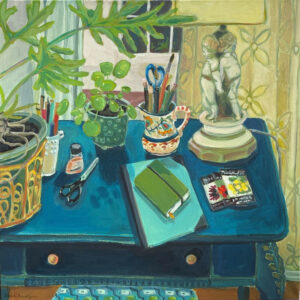 Green Notebook, Blue Desk, Acrylic on Canvas by Heidi Reszies, 24in x 24in, $1400 (March 2022)