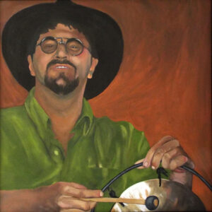 Mike with Gong, Oil on MultiMedia Board by Cheryl"CEEBS" Bosch, 18in x 18in, $225 (March 2022)
