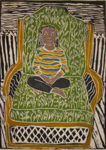 Small Girl Big Chair, Lino Cut by Linda Rose LaRochelle, 24in x 18in, $475 (March 2022)