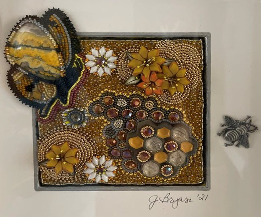 HONORABLE MENTION: Bee Happy, Mixed Media- Bead Embroidery by Jody Bryan, 6in x 6in, NFS (April 2022)