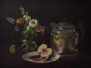 On the Table Early Morning, Oil on Wood by Christine Dixon, 12in x 16in, $780 (April 2022)