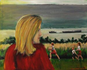Chase and Barge on Hudson River, Acrylic by Susan Garnett, 16in x 20in, $250 (May 2022)