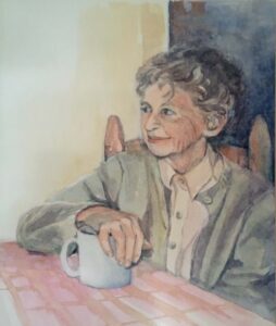 Morning Coffee, Watercolor by Sally Rhone-Kubarek, 13in x 11in, $420 (May 2022)