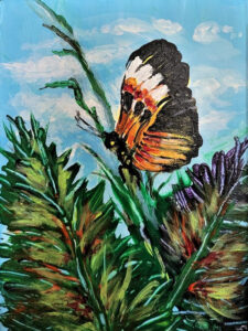 Red Butterfly, Acrylic on Canvas by Maria Riegger, 12in x 9in, $150 (June 2022)
