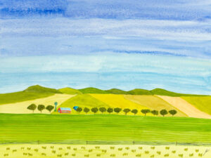 Six Mounds and a Farm, North Dakota, Watercolor by Bro Halff, 12in x 16in, $900 (June 2022)