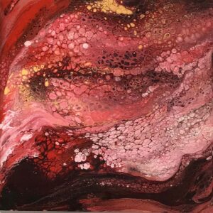 Chocolate, Strawberries and Powedered Sugar, Acrylic by Sally Rhone-Kubarek, 12in x 12in, $350 (July 2022)
