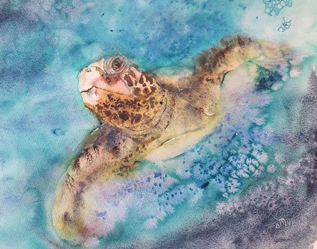 SECOND PLACE: Aloha!, watercolor by Mary Peterman, 11in x 14in, $300 (August 2022)