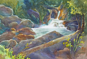 Flume Oasis, Watercolor by Barbara Powderly, 13in x 19in, $280 (August 2022)