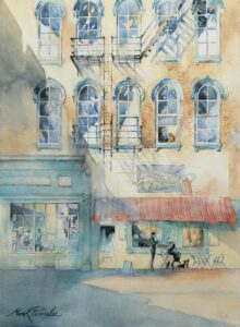 Café Life, Watercolo by Mark Parmelee, 15in x 11in, $785r (September 2022)