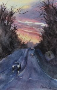 Evening Commute, Watercolor by Barbara Powderly, 11in x 7in, $100 (September 2022)