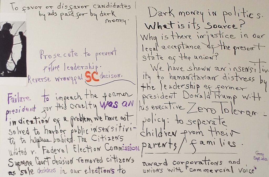 THIRD PLACE: Dark Money in Politics, Photo and Ink on Whiteboard by Bettie Grey, 23in x 35in, NFS (October 2022)