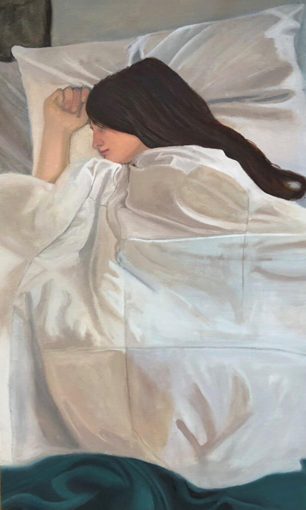 HONORABLE MENTION: Slumber, Oil on Canvas by Maeve Gilmartin, 20in x 12in, $500 (October 2022)