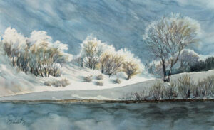 Blanket of Snow, Watercolor by Barbara Powderly, 14in x 23in, $300 (Dec. 2022 - Jan. 2023)