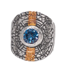 Cleo Saddle Ring, S.Silver-23.5K Gold-Lab Blue Zircon by Beth Lagerberg, Size 7.5, $300 (Dec. 2022 - Jan. 2023)