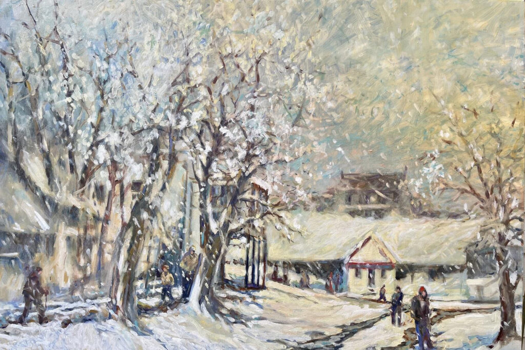 HONORABLE MENTION: Old Falmouth Winter, Oil by Marcia Chaves, 24in x 36in, $800 (Dec. 2022 - Jan. 2023)