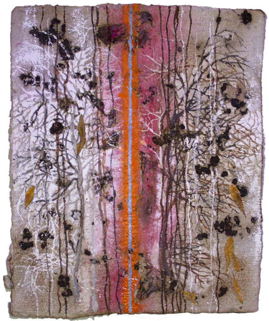 THIRD PLACE: Promise Beyond the Winter No. 2, Organic Collage on Handmade Paper by Joseph DiBella,16in x 14in x 2in, $400 (Dec. 2022 - Jan. 2023)